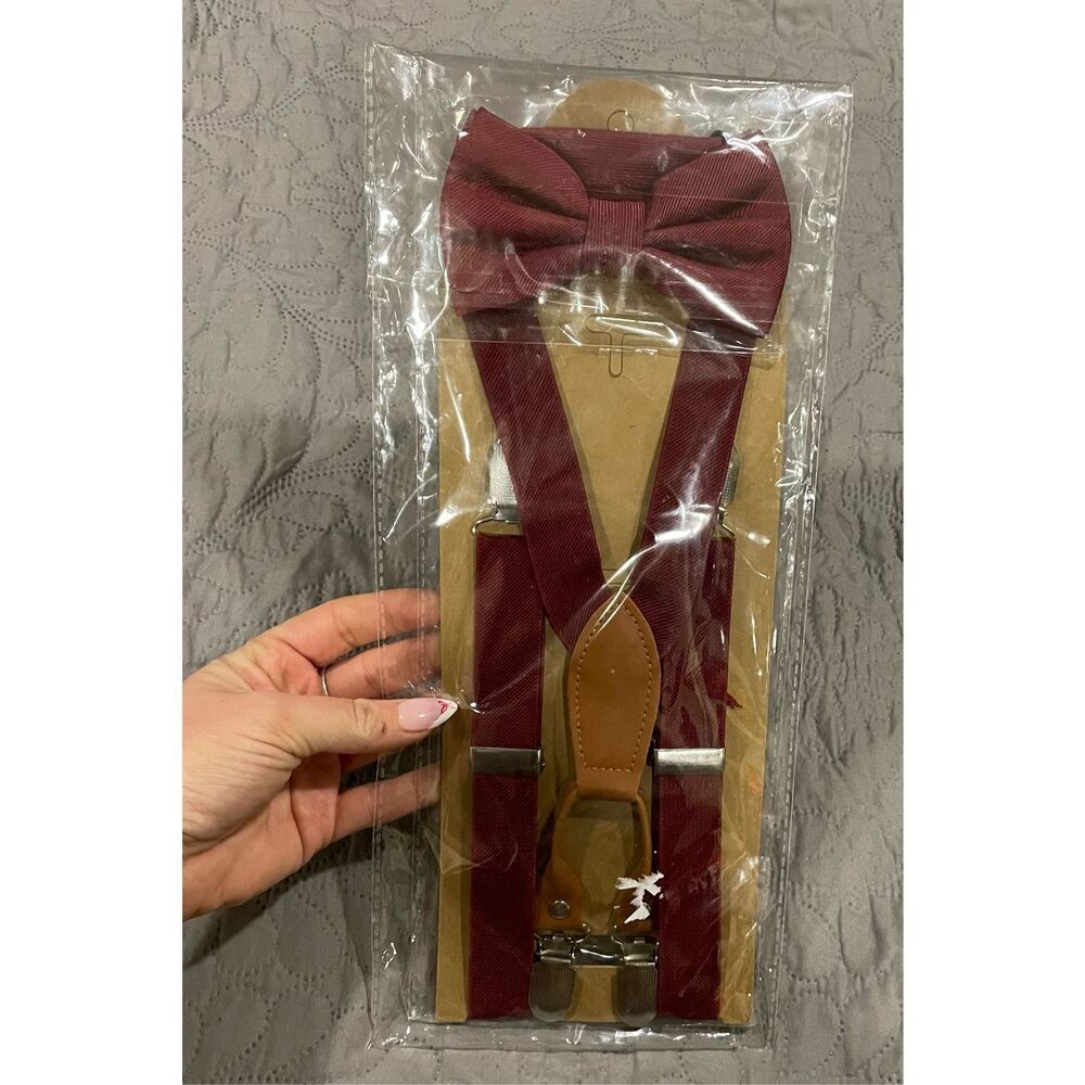 Men’s Suspenders and Bow Tie Burgundy New Dressy Wedding